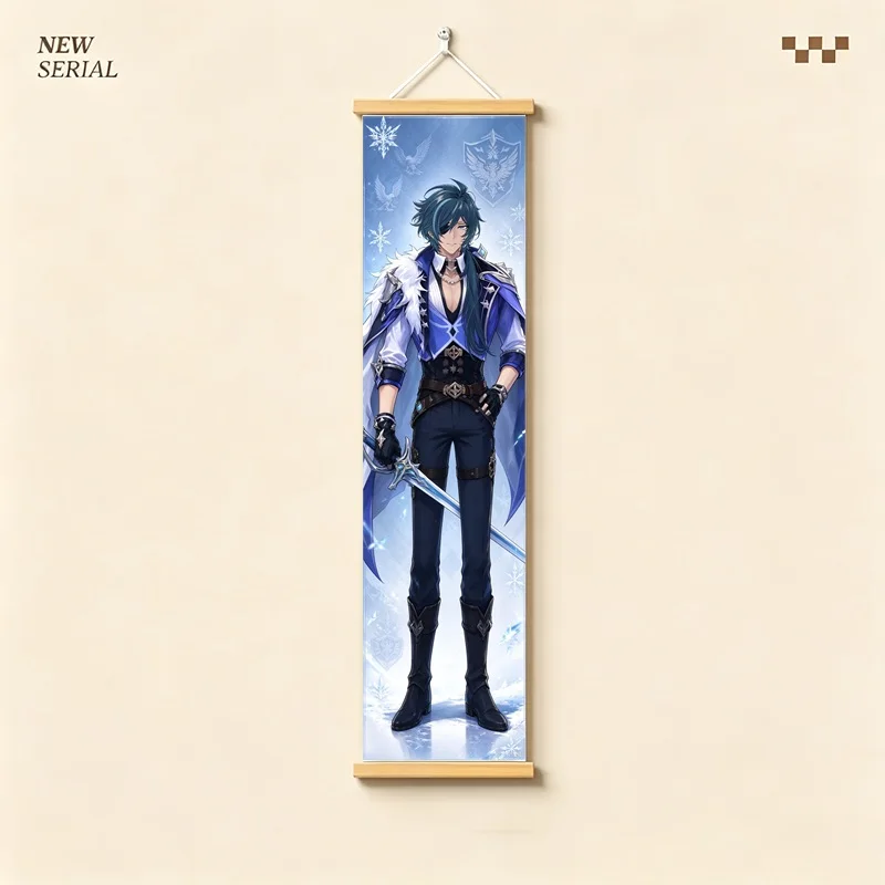 Hanging Scroll Wall Art of Genshin Impact Kaeya with Bright Icy Blue Glow on Silver Shimmer Canvas for an Anime Bedroom