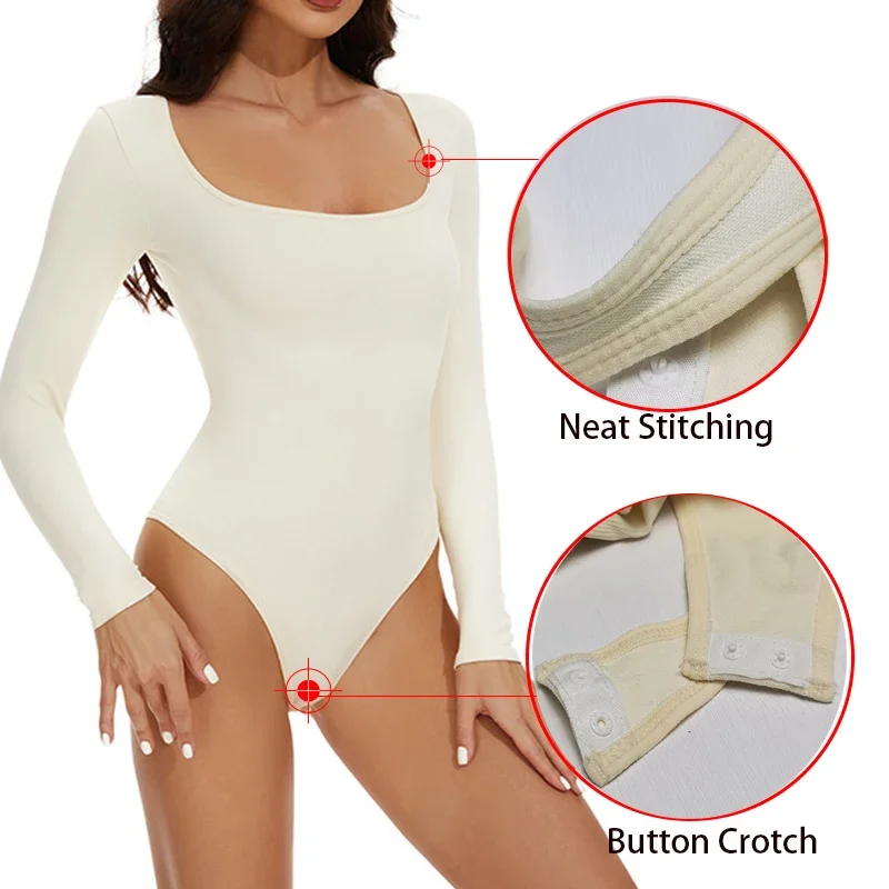 GUUDIA Spandex Elastic Body Suit Shapewear Women Body Shaper Tummy Control Long Sleeve Open Crotch Big U Neck Seamless Shapers