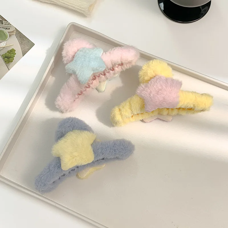 

Reversible Colourful Stars Hair Clips Women's Back of the Head Korean Plush Shark Clip Fashion Sweet Daily Hair Accessories