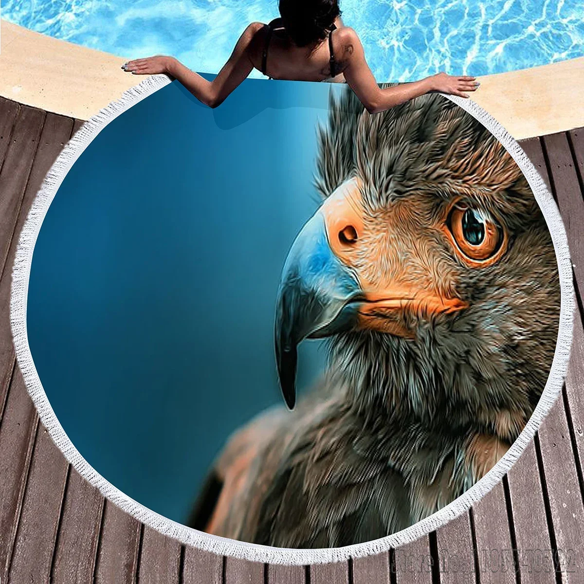 Fierce Eagle Print Cartoon Round 150cm Beach Towel Microfiber Children Kids Swimming Hawaii Bath Towel With Tassel