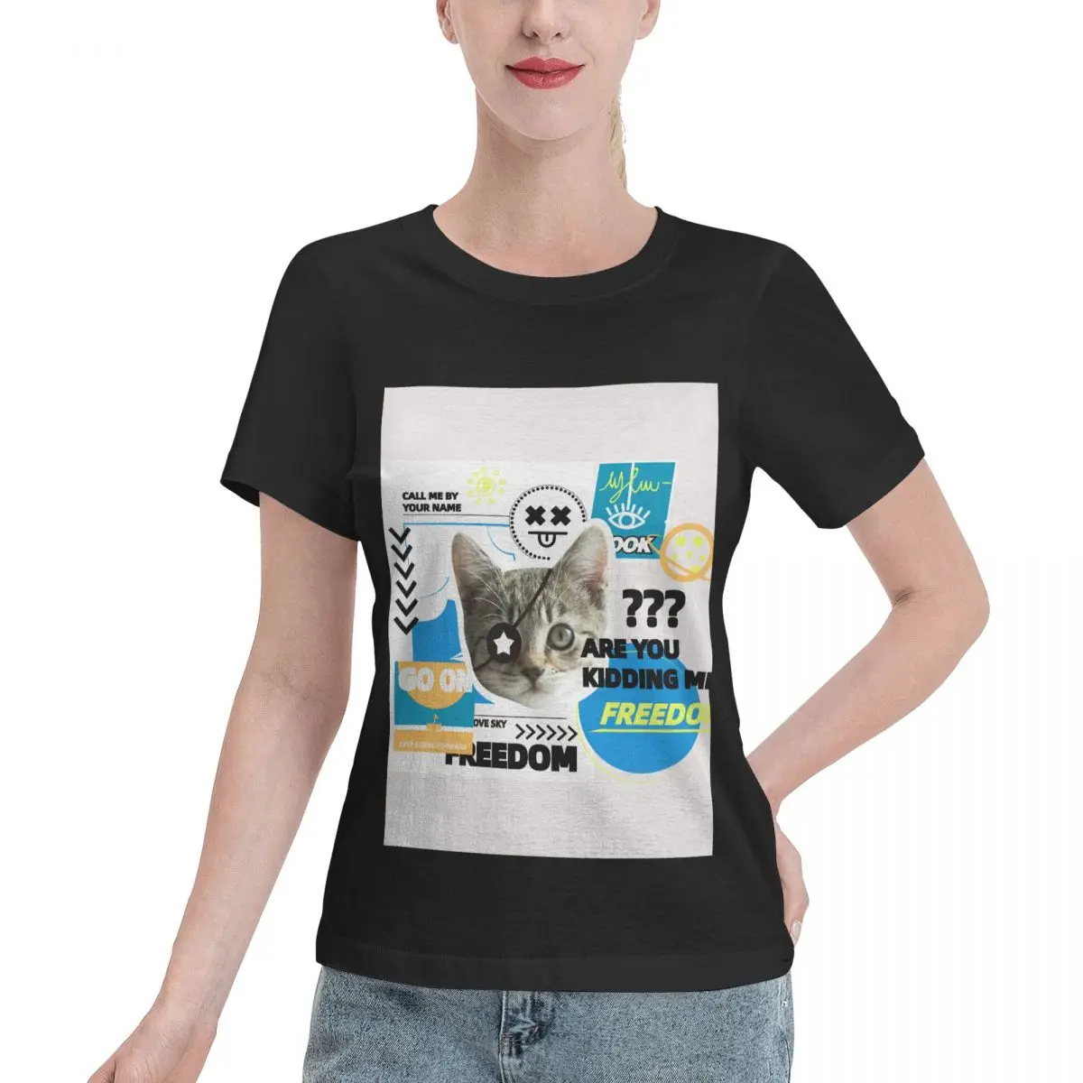 Skin Safe One-eyed Cat Art Labels Women's T-shirt Outdoor Activity Wholesale Blank Tee