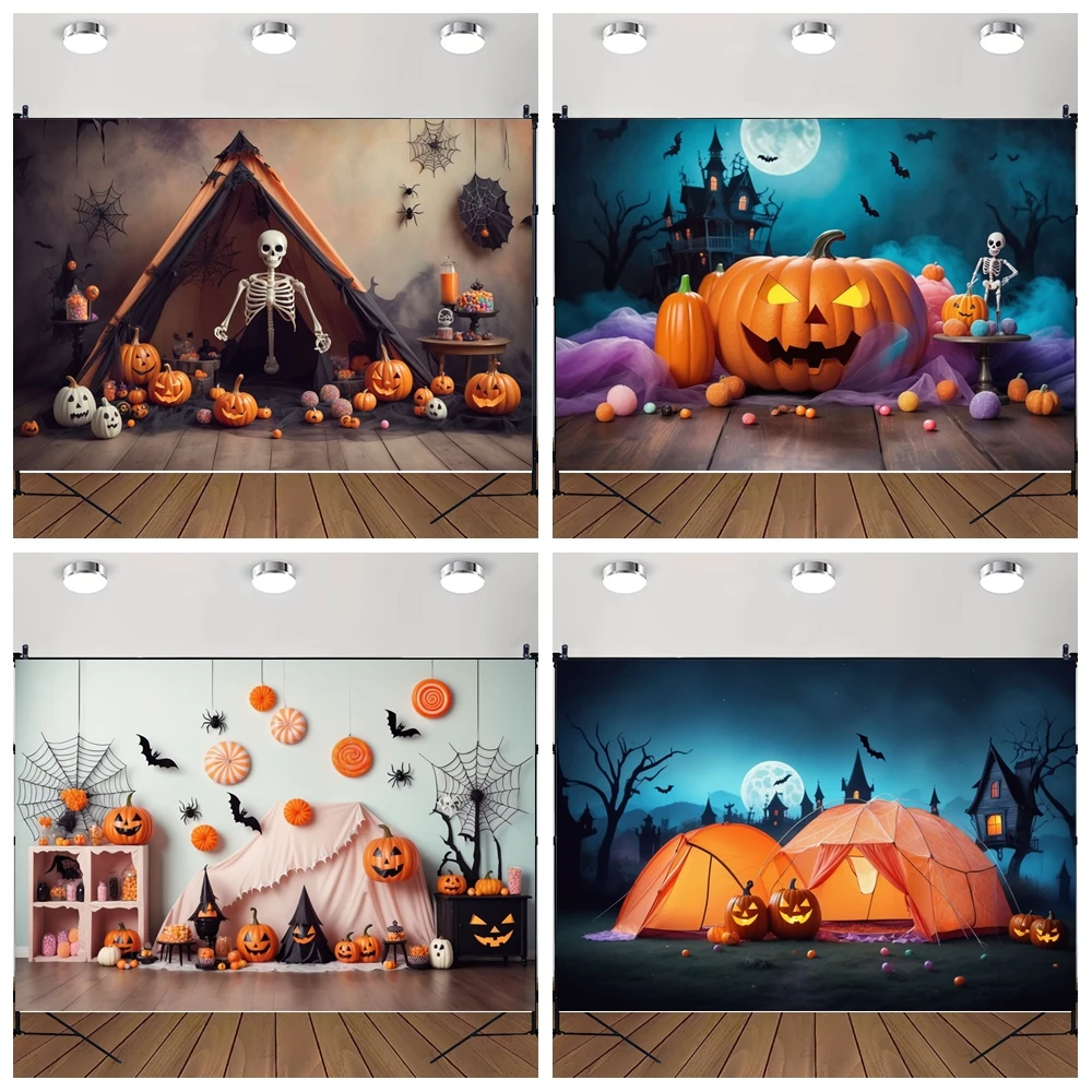 

MOON.QG Background Photography Colorful Flags Jack O'Lanterns Halloween Tent Party Backdrop Birthday Photo Studio Photocall Wall