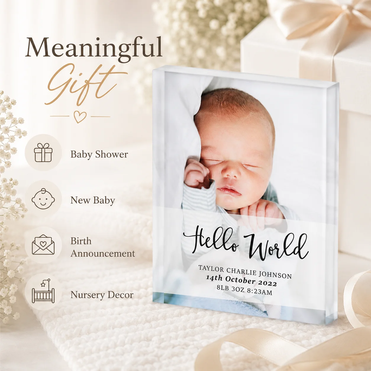 Custom Acrylic Baby Photo Block Personalized Birth Announcement Newborn Keepsake for Nursery Decor Baby Shower Gift