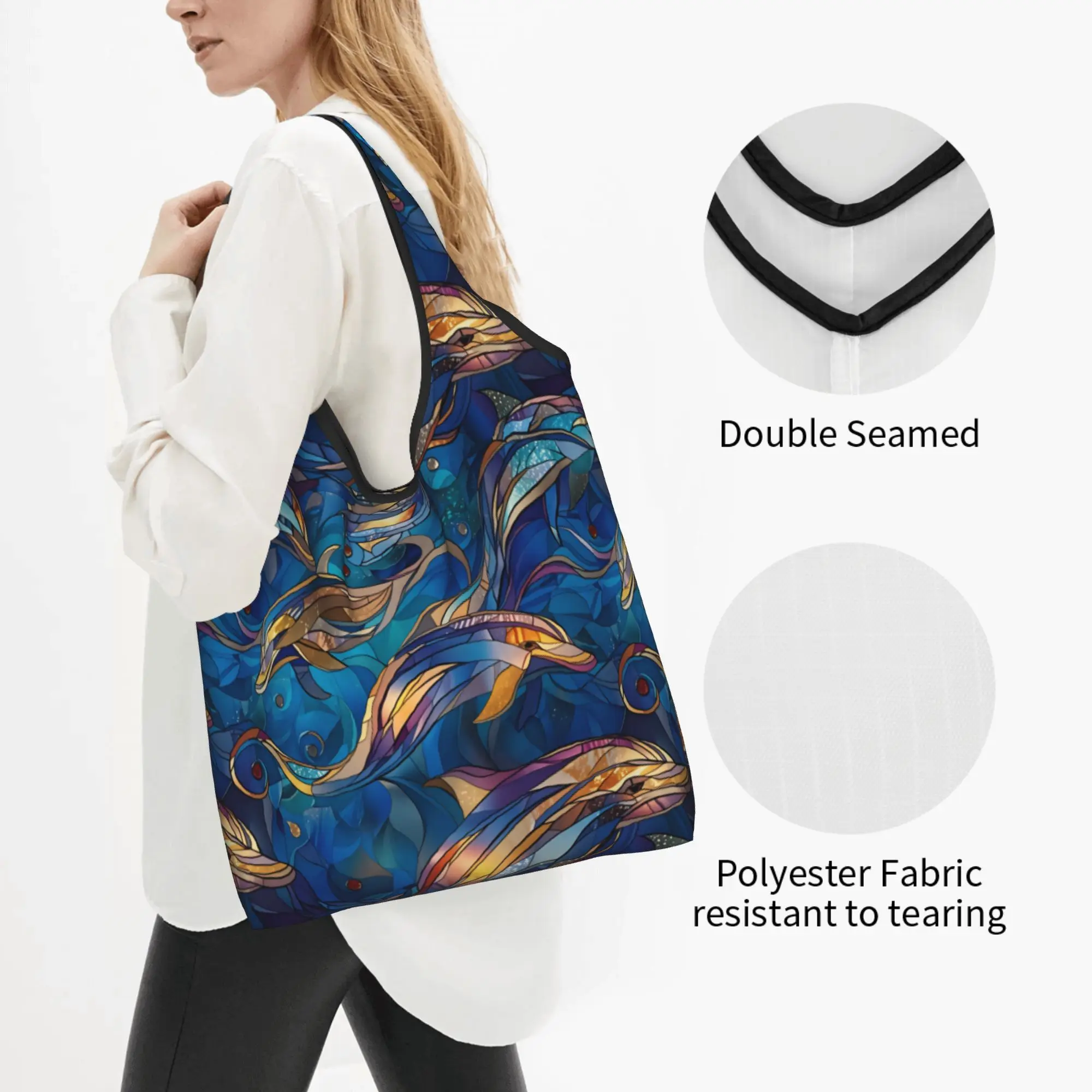 Custom Stained Glass Magical Dolphins  Shopping Bag Women Portable Big Capacity Grocery Funny  Tote Shopper Bags