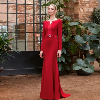 Eenvoudige Zeemeermin Moeder Van De Bruid Jurken Voor Bruiloft V Hals Lange Mouwen Trouwjurken Strik Vloerlengte فساتين السهرة