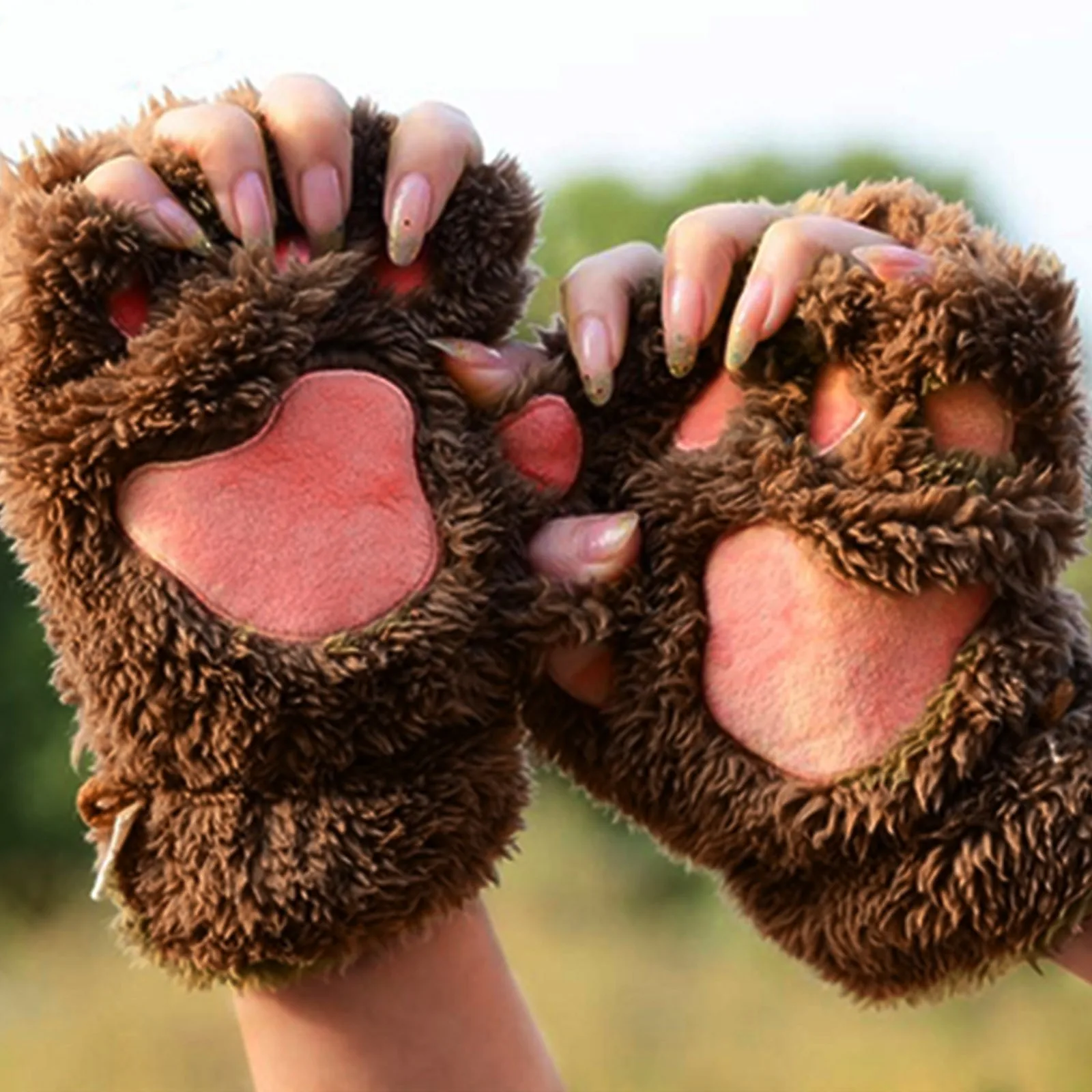 Guantes de medio dedo con pata de oso para mujer, guantes cortos de felpa, cómodos, gruesos, cálidos, Kawaii, Invierno