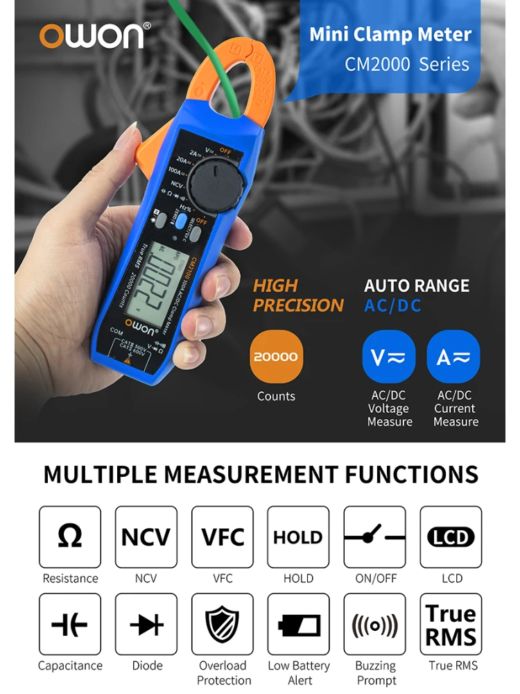 OWON CM2100 CM2100B Digital Multimeter High-Precision 20000 Count AC/DC Current Clamp Tester True RMS VFC Diode Portable Ammeter