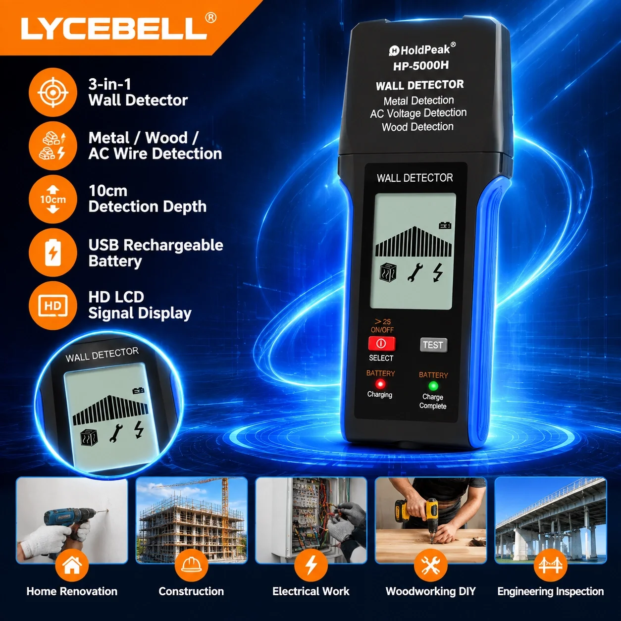HoldPeak 5000H Wall Detector 3 Modes Metal Wood AC Wire Scanner 5-10cm Depth Rechargeable LCD Display for DIY