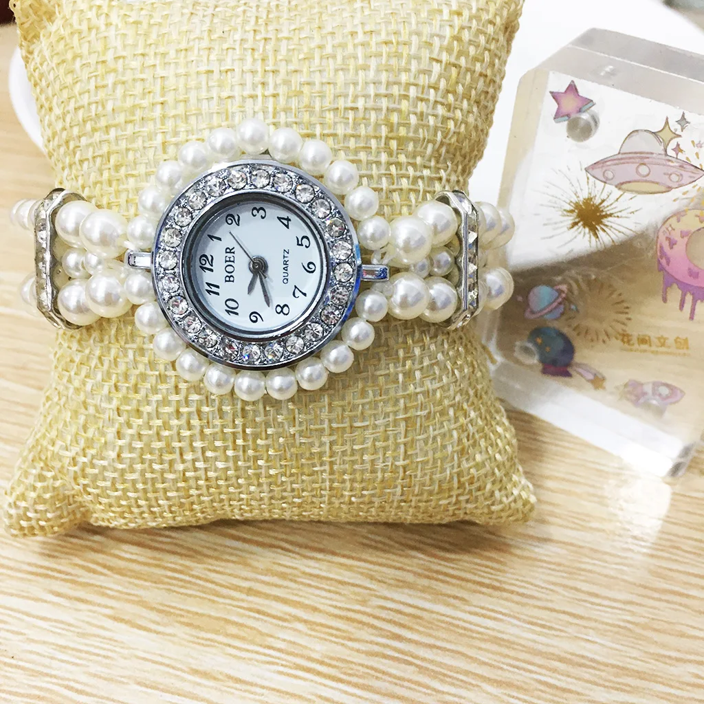 1PCS Fashion Women Casual Pearl String Watch Crystal Rhinestone Strap Quartz Wrist  Female Clock