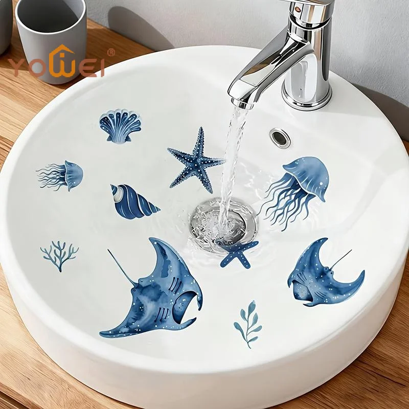 Latest Blue Tone Marine Life Glass Sticker Bathroom Sink Decorative Decal Wall Sticker Self-Adhesive Removable Home Decoration