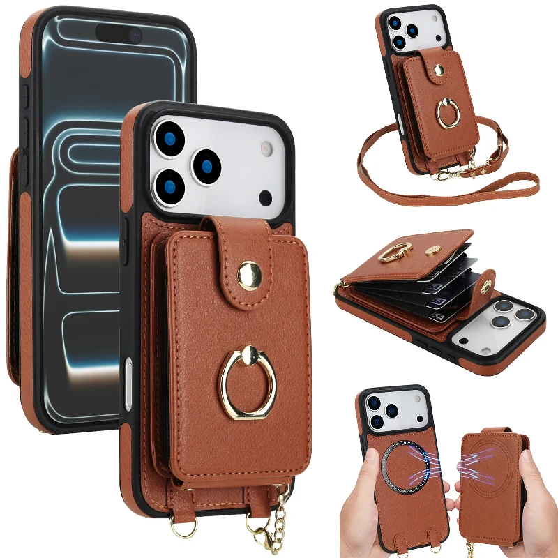 

Crossbody 2 in 1 Magnetic Zipper Cards Solt Leather Wallet Case For iPhone 17 Pro Max 16 Plus 15 14 13 12 11 Long Lanyard Cover