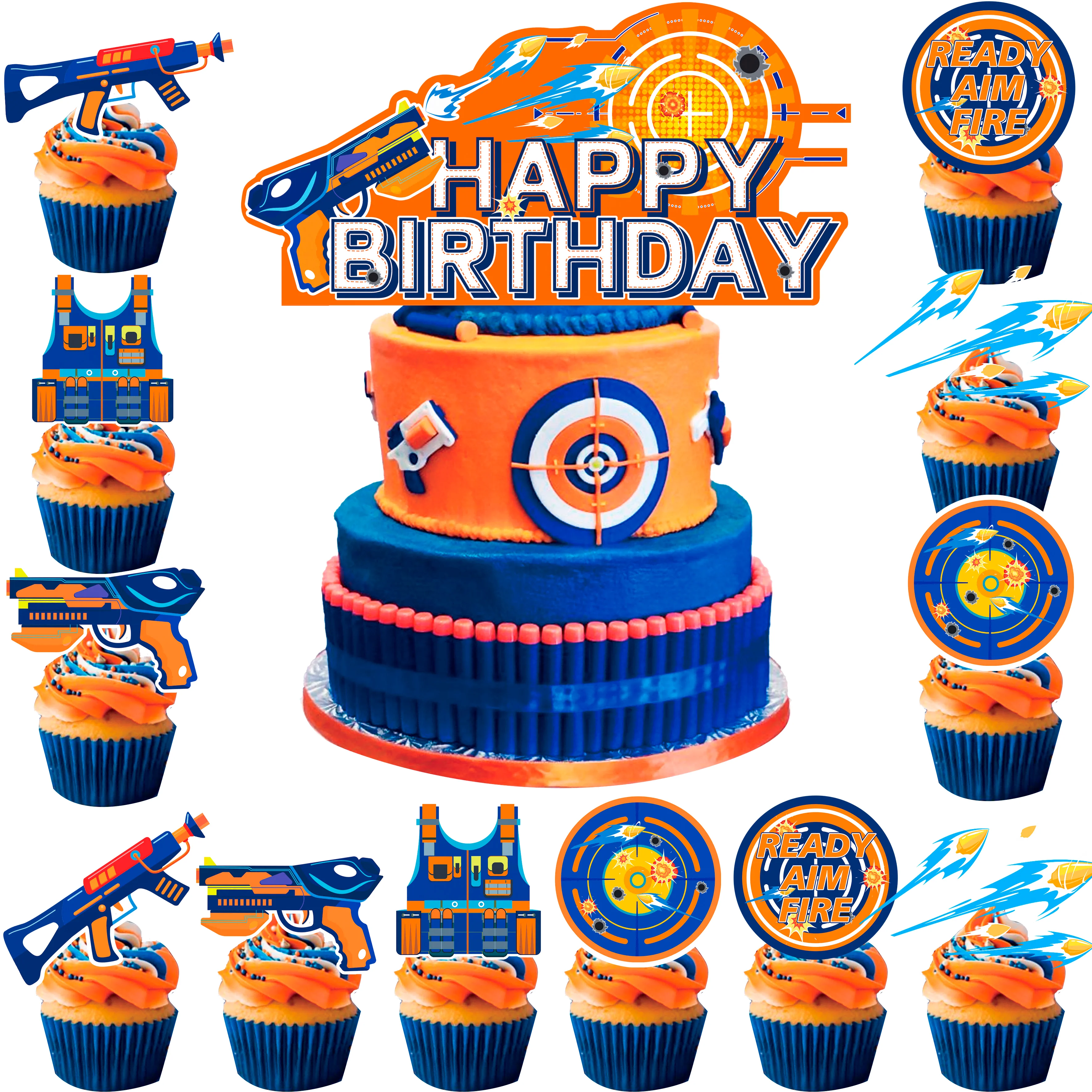 

Nerf Gun Cake Decorations,12pcs Nerf Cake Toppers Set Includes 1Nerf Gun Birthday Cake Topper&12 Dart War Gun Bros Cake Topper