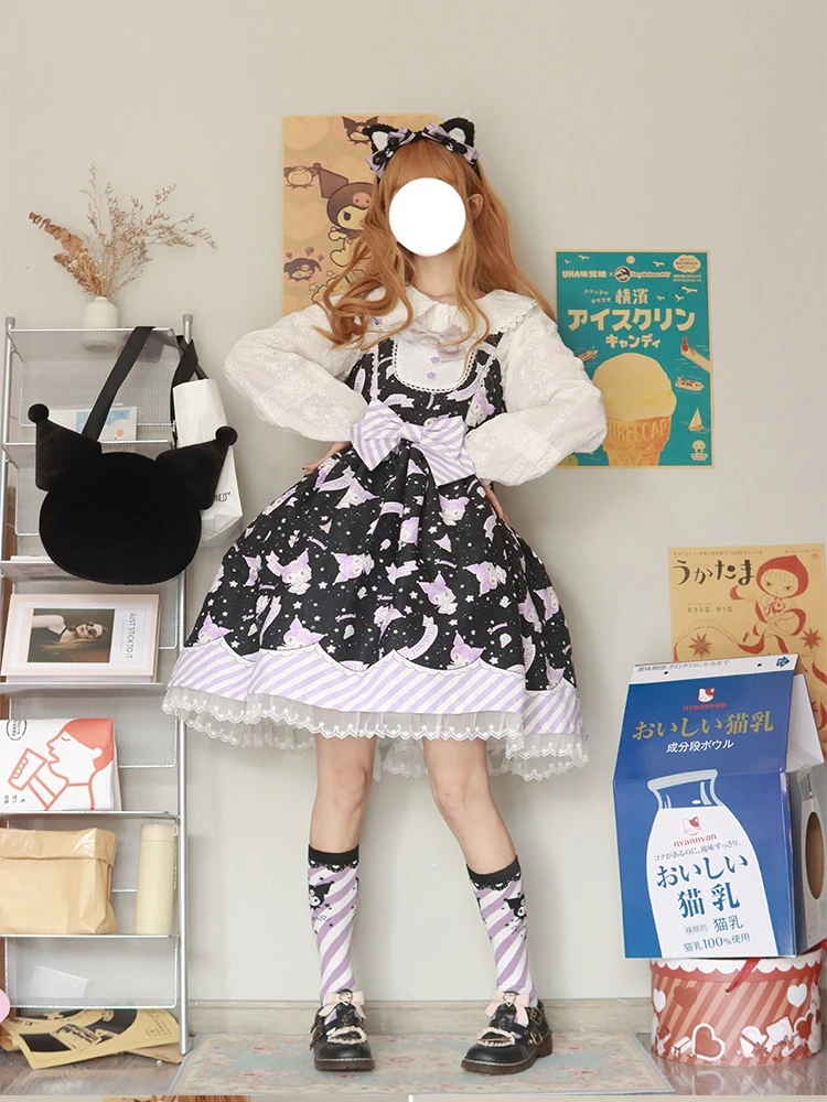 Doce estilo Lolita desenho animado vestido de princesa estampado para mulheres, bonito arco laço partido cinta vestidos, feminino Harajuku Kawaii Y2k mini vestido