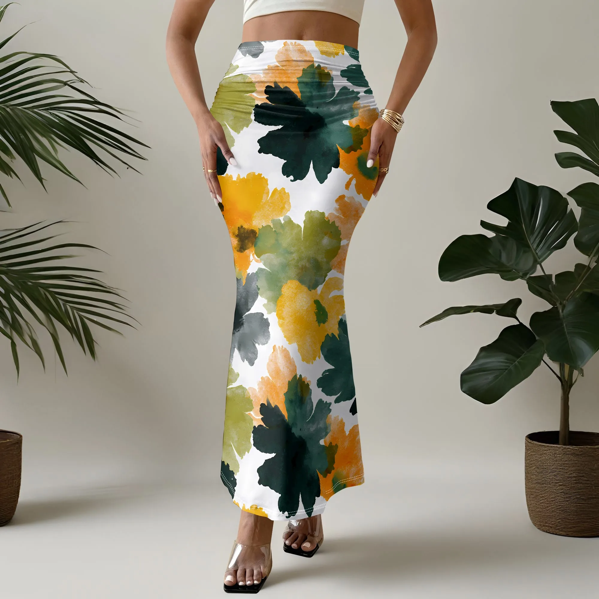 Floral Print Skirt, Mermaid Hem Bottoms, Watercolor Leaf Pattern, Summer Beach Wear, Women's Long Skirt, S-3XL