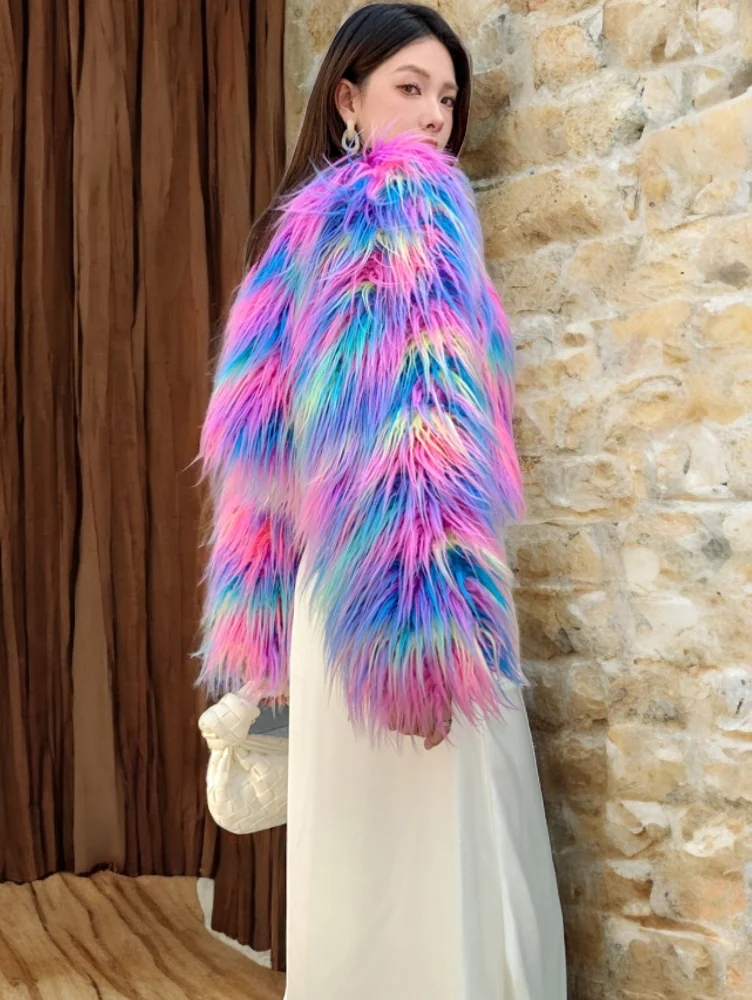 Femminile autunno/inverno cappotto di pelliccia sintetica colorata moda signora Shaggy capispalla giacca pelosa da donna Performance Costume