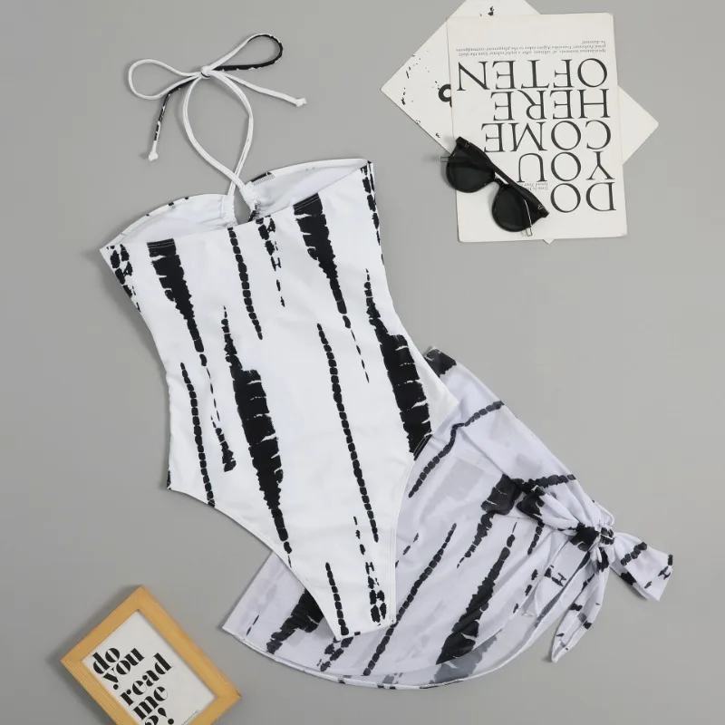 Women Printed Bikini Summer Tie Dye Gathering Swimwear Three Piece Set Sexy Beach Skirt Women Swimwear