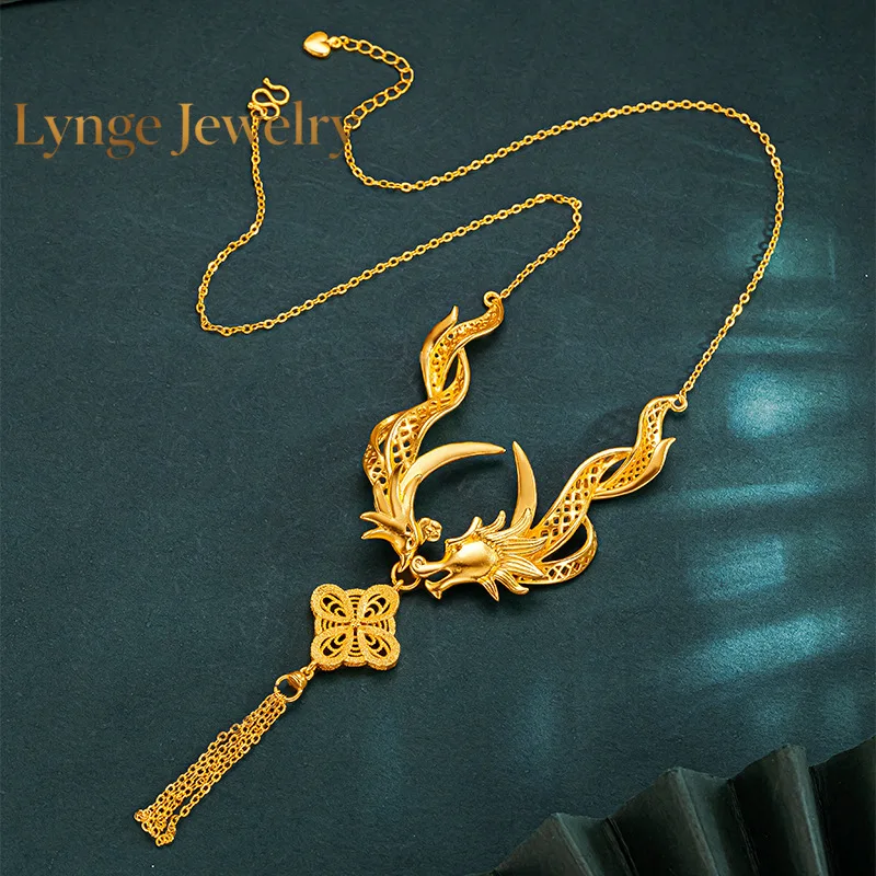 

Lynge Jewelry The 24K real gold dragon and phoenix auspicious of chains 9999 retro Chinese style high-end design fashionable ex
