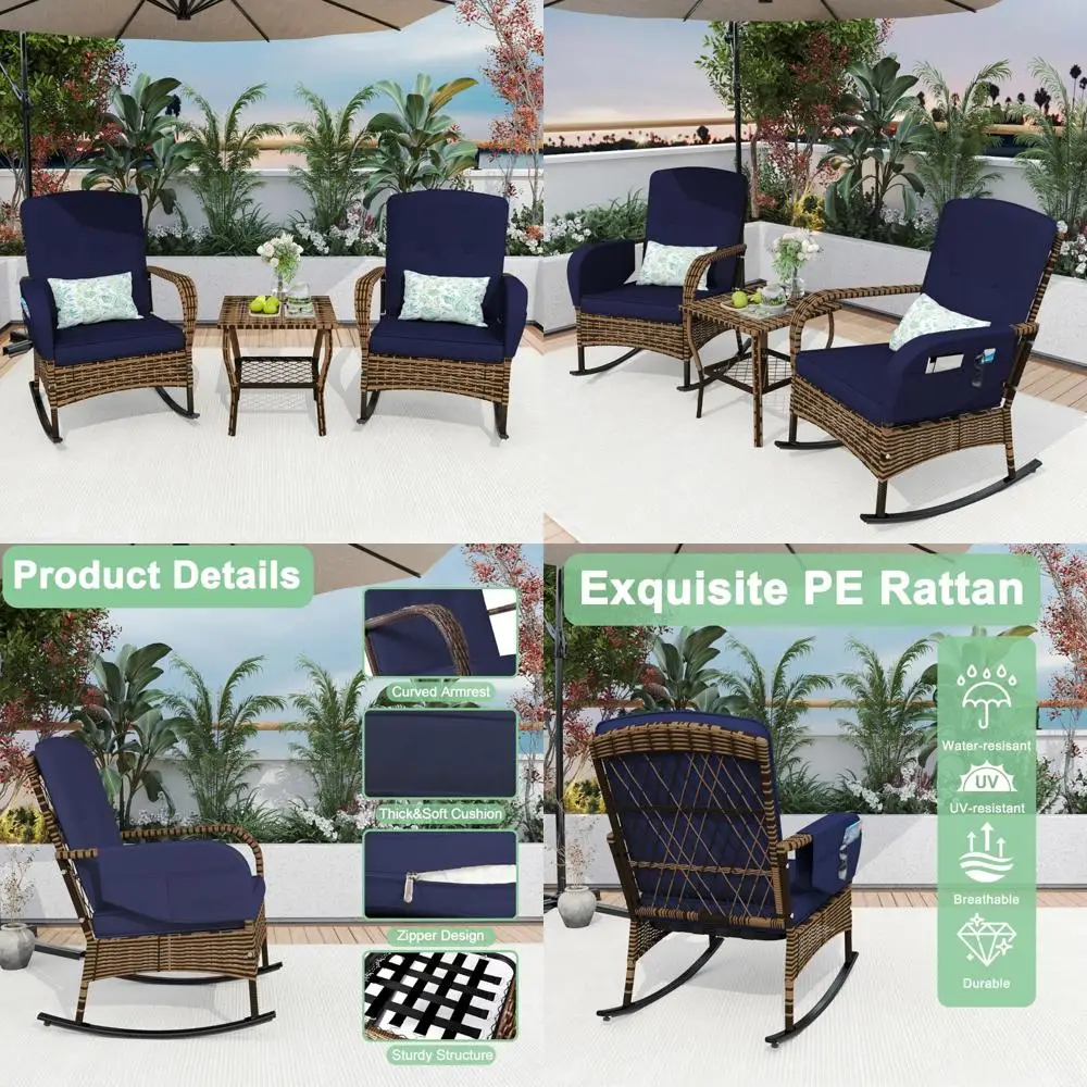 

Patio Furniture Set: 2 Rocking Chairs & Conversation Area with Wicker Chairs and Glass Table
