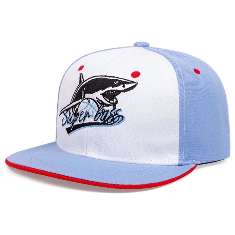 New Shark Pattern Embroidered Blue Eaves and White Color Block Women's Fresh and Versatile Flat Edge Straight Baseball Hat