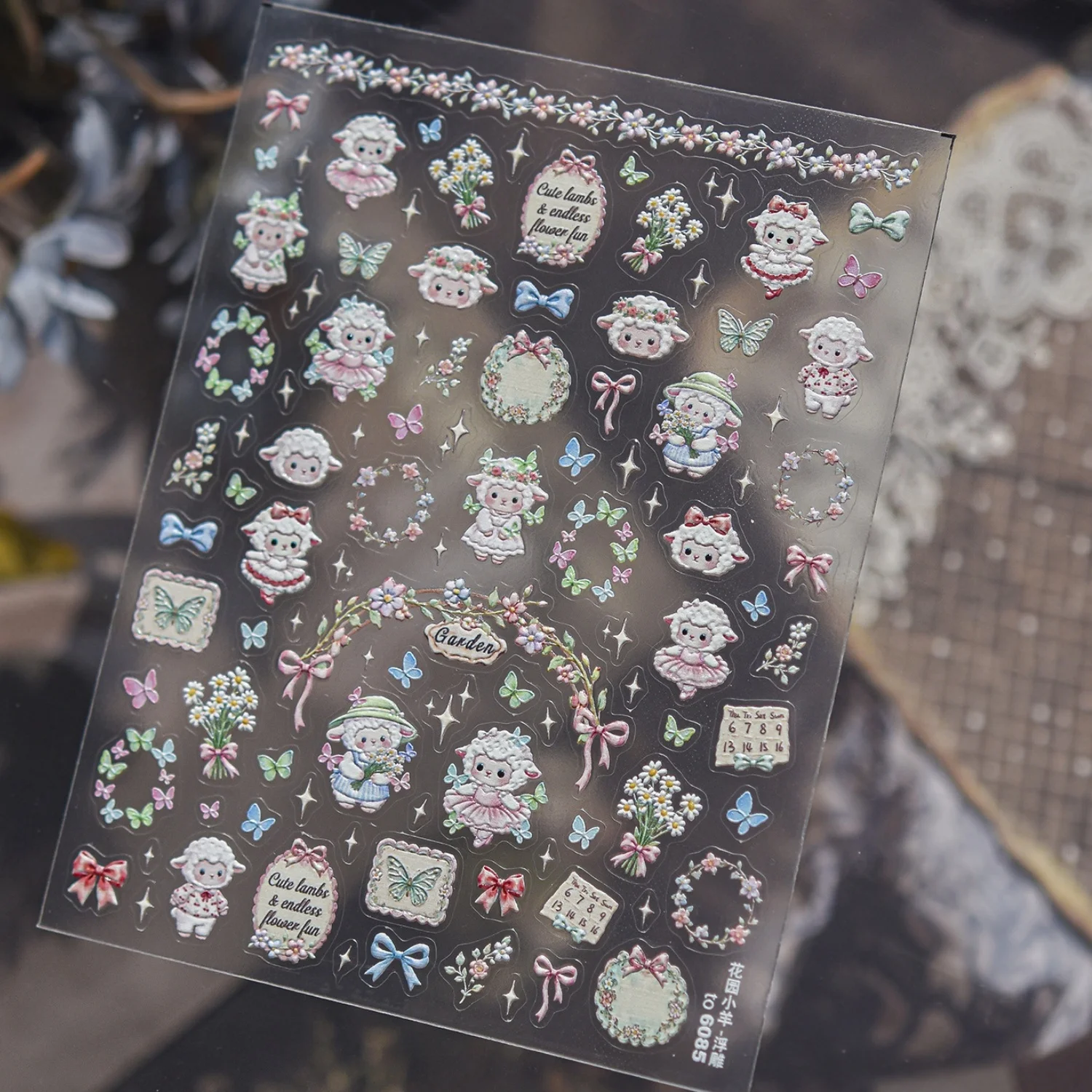 Cute Cartoon 5D Nail Stickers Garden Lamb Bouquet Bow Wreath Butterfly Flower Frame Tag Decals Sweet Romantic DIY Nail Manicure