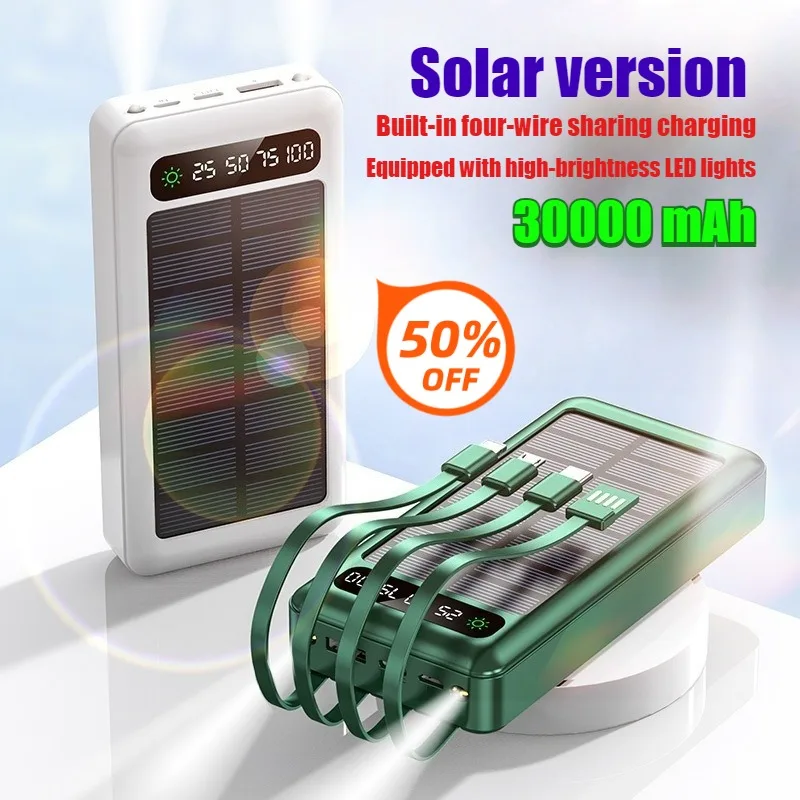20000mAh Solar Power Bank Large Capacity Built-in Cable Portable Charger for All Series of Smartphones