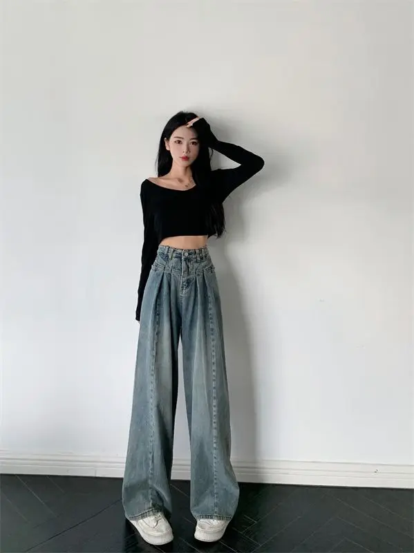 Blue Baggy Jeans Women Y2K Gyaru Oversize Wide Leg Denim Pants Korean Style Kpop Distressed Trousers Harajuku