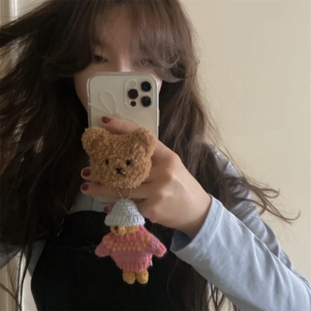 Korean Cute Warm Fluffy Bear Plush Griptok Bracket for IPhone 14 Pro Universal Phone Holder Finger Ring Support Stand Grip Tok