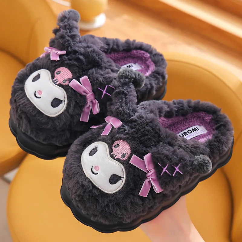 Sanrios Anime Kuromi Kids Plush Slipper Kawaii Winter Thickening Keep Warm Indoor Slipper Cute Mymelody Girl Child Casual Shoes