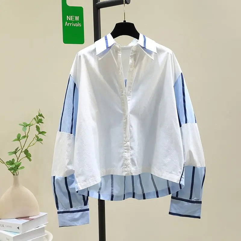 المألوف اللون حجب مخطط قميص سترة قصيرة للنساء 2025 أوائل الربيع والخريف جديد الكورية فضفاض قميص غير رسمي