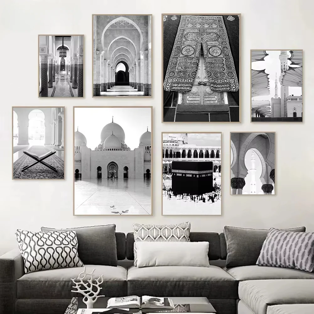 Mecca Kaaba Scriptures Islamic Posters Black and White Mosque Oil Paintings Moroccan Door Wall Art Prints Home Decoration Images