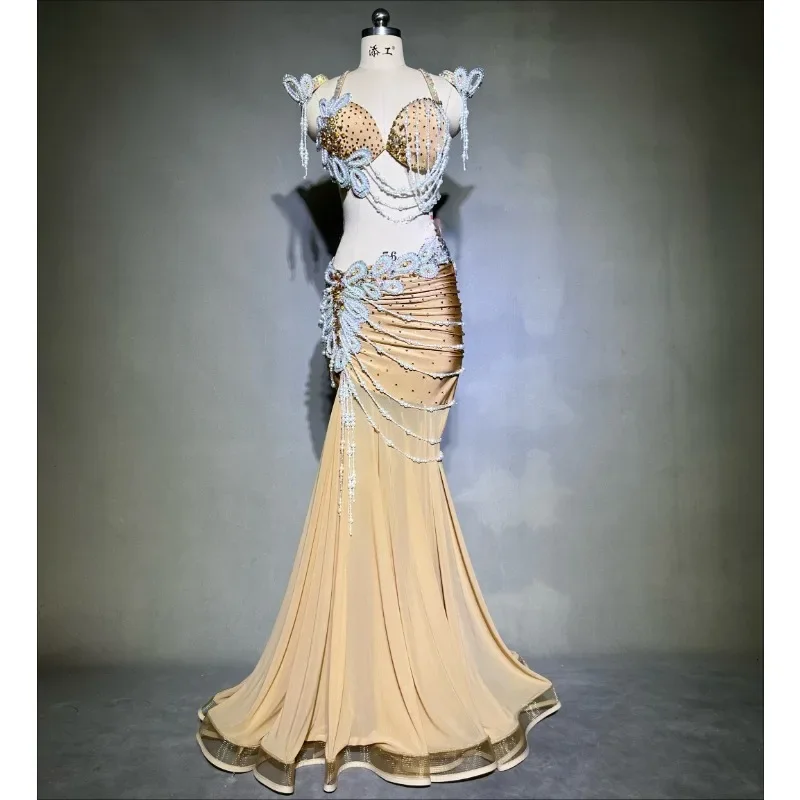 

Египетская одежда для танца живота, индивидуальный высококачественный роскошный костюм со стразами и кисточками для выступлений, наряд для соревнований по восточному танцам для взрослых