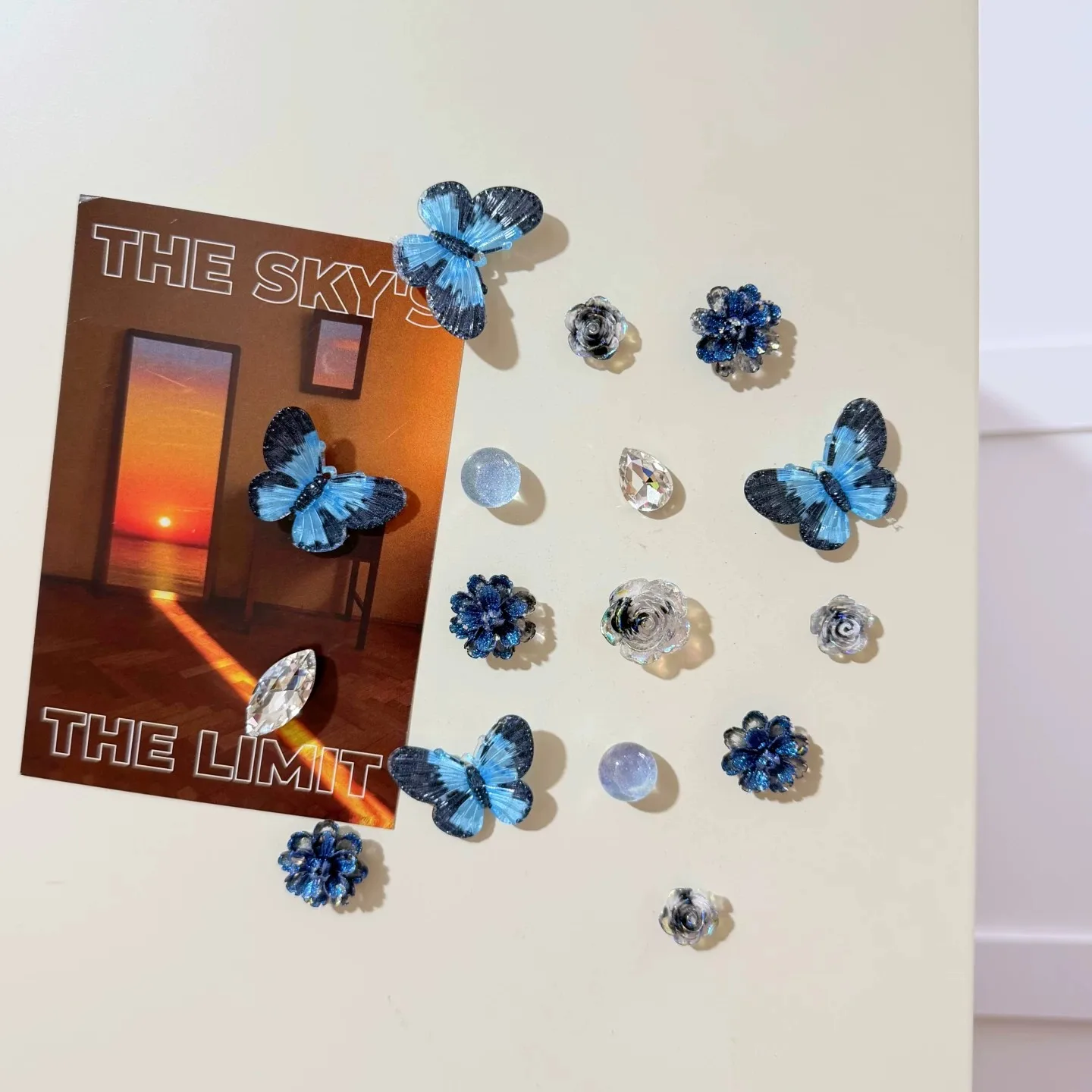 Blue Butterfly Flower Magnetic Fridge Stickers, 3D Premium Ins Style Magnets for Perforated Board, Entry Door Decor Magnets