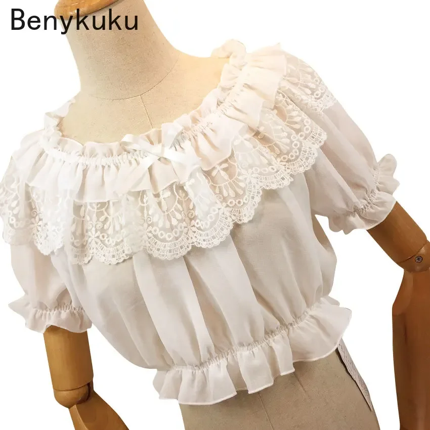 Womens Chiffon Crop Top Short Sleeve Blouse with Lace Detailing Puff Sleeve Lace Ruffles Lolita Blouse Summer Tops Tee Shirt