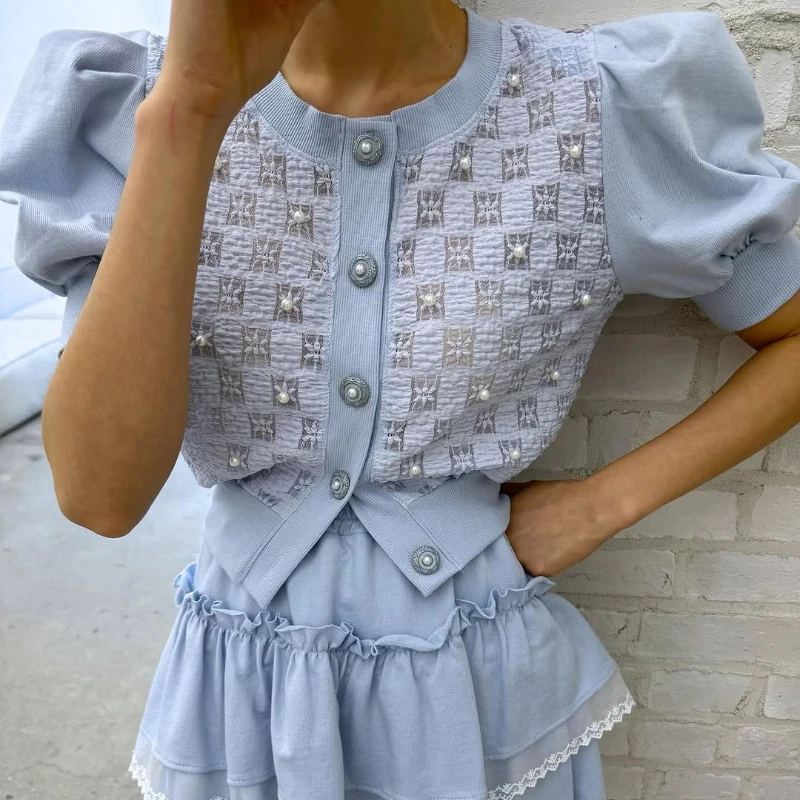 

2025 Summer New Korean Chic Bubble Sleeve Women's Shirts Faionable O-Neck Short Sleeve Blouses Tops Blusas Femininas Elegantes