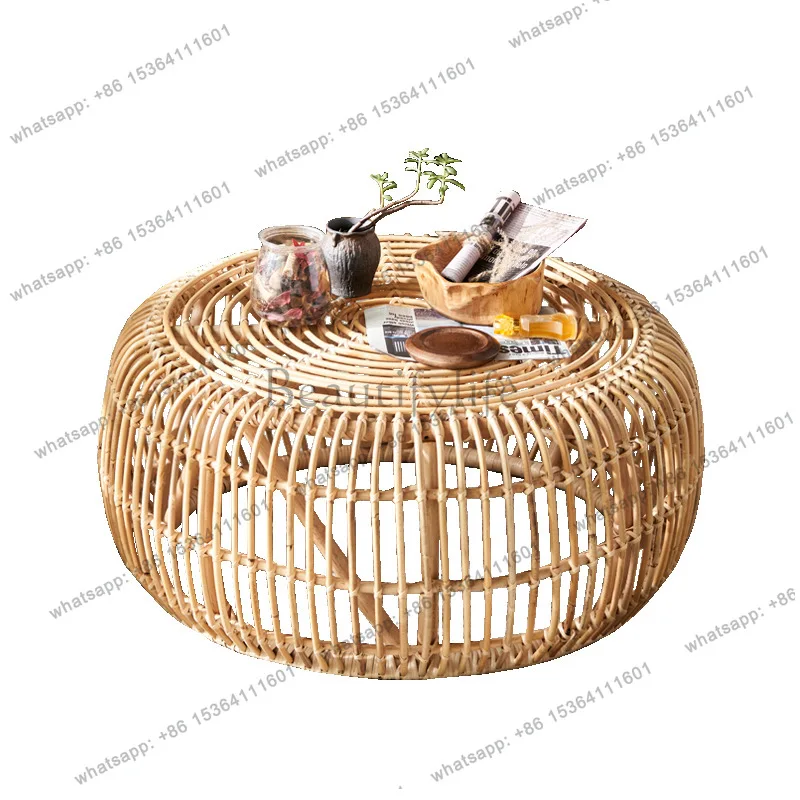 

Japanese rattan round coffee table combination full rattan tatami simple modern living room