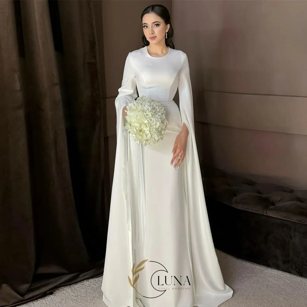 Luna Maßgeschneiderte schlichte A-Linien-Hochzeitskleider für Frauen, Dubai Muslimisches Brautkleid aus Satin mit langen Ärmeln, Robe De Mariée