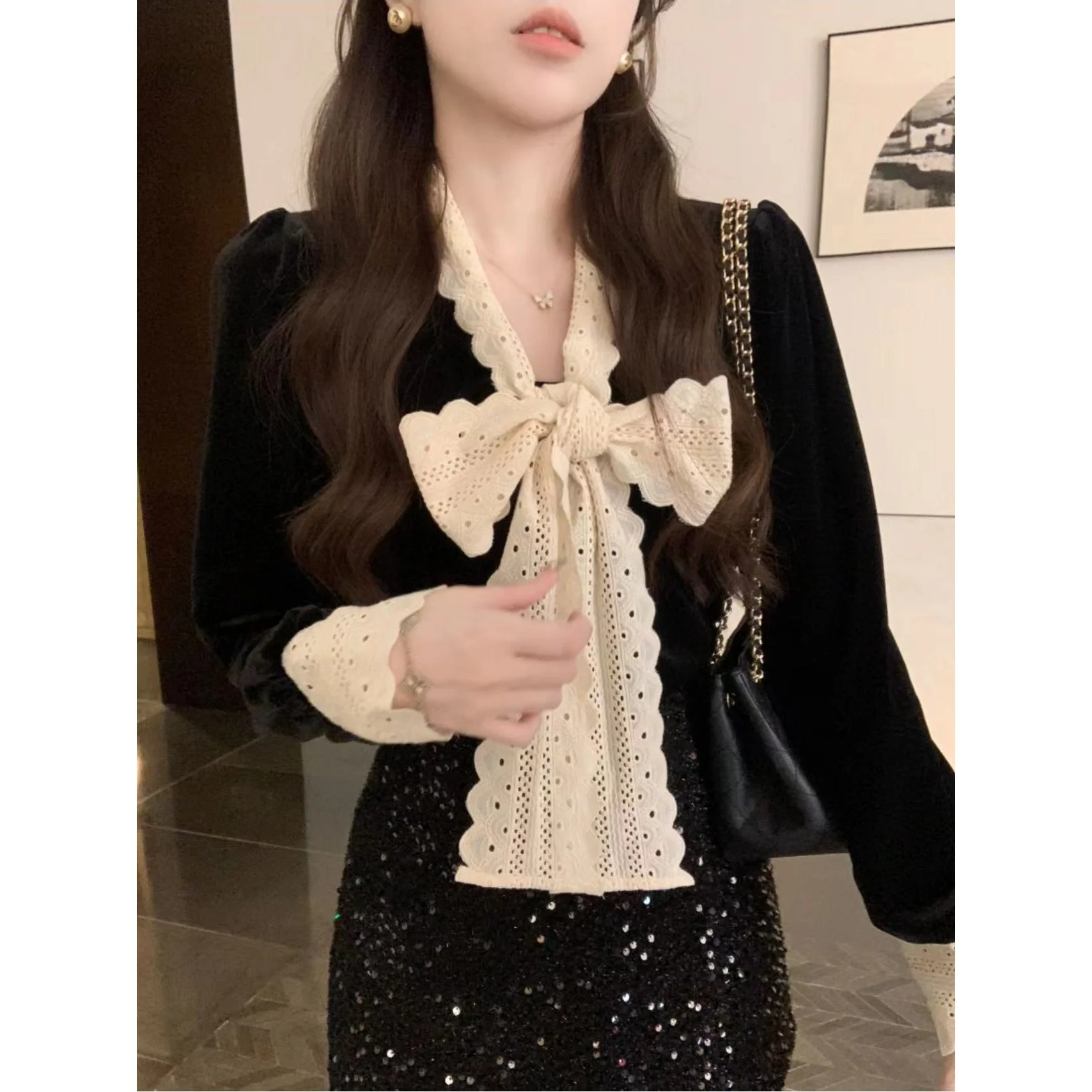 

Женская модная приталенная блузка Anli Gentle Sweet с кружевным бантом, длинным рукавом и V-образным вырезом, из тонкого полиэстера, летняя