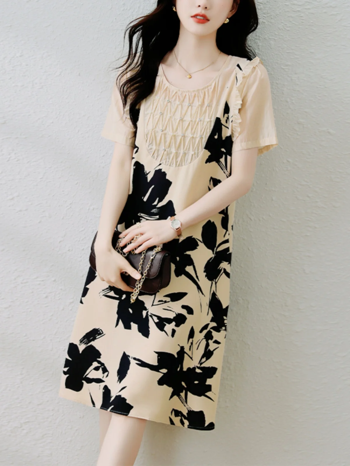 

plus Size Floral Print Dress Summer New Style Loose Slimming Fashion Casual Splicing Short Sleeve Mid-Length A-Line Dress