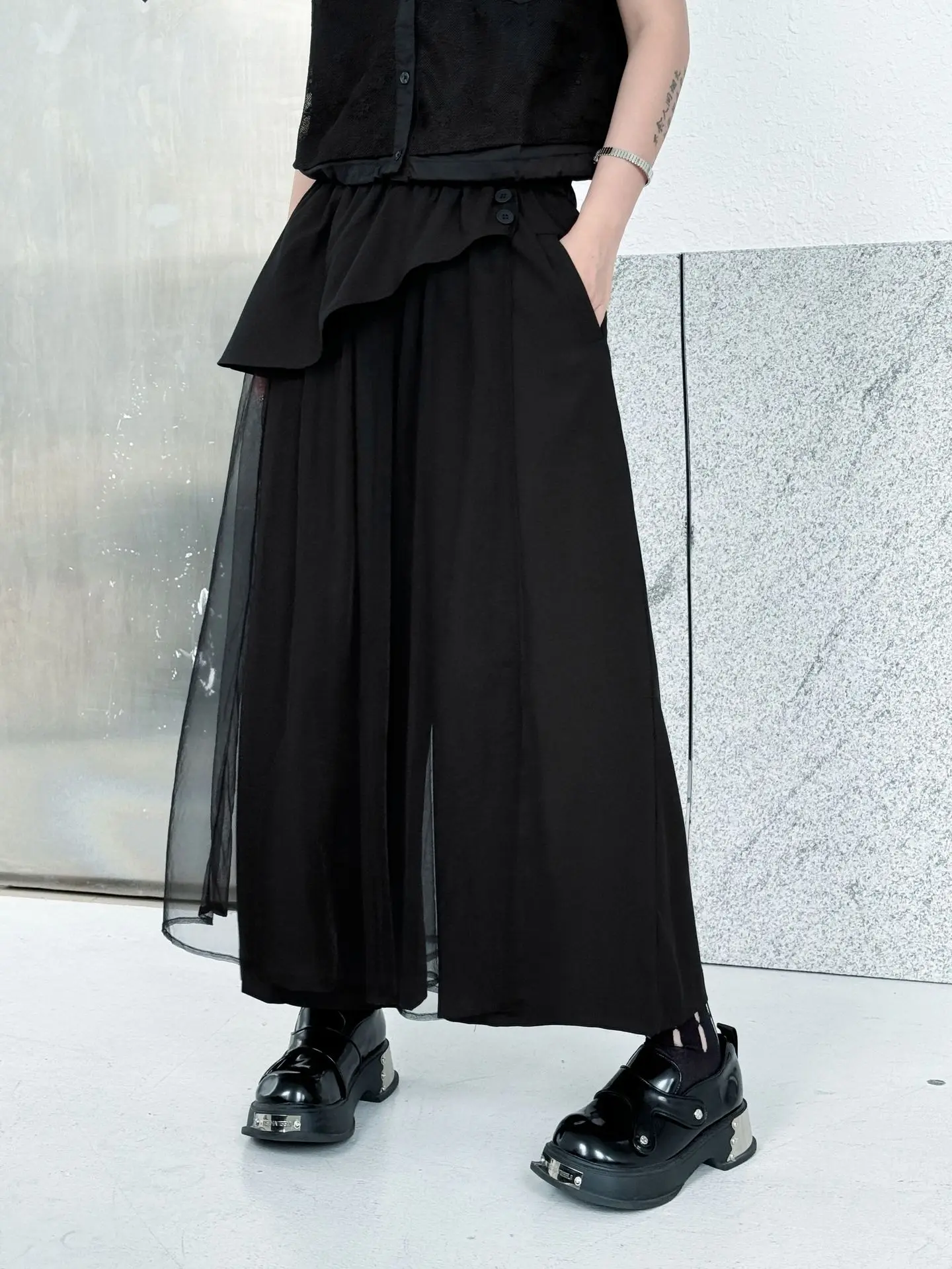 Personality Mesh Patchwork Design High Waist Wide Leg Pants Summer Woman Y2K Clothes Harajuku High Street Pants Pantalones