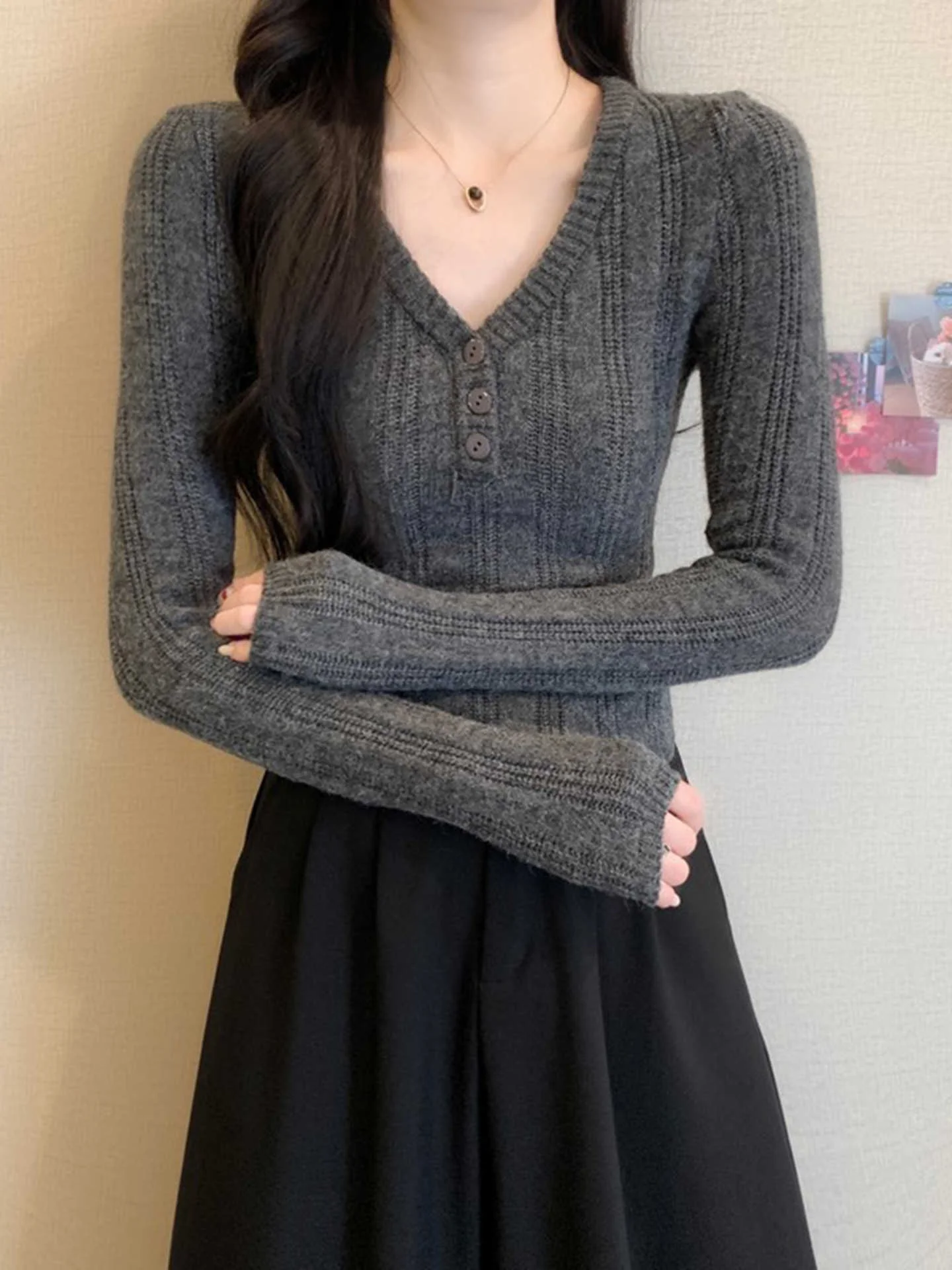 

Модный корейский однотонный вязаный свитер: стильный, повседневный, удобный женский топ высокого качества с длинными рукавами