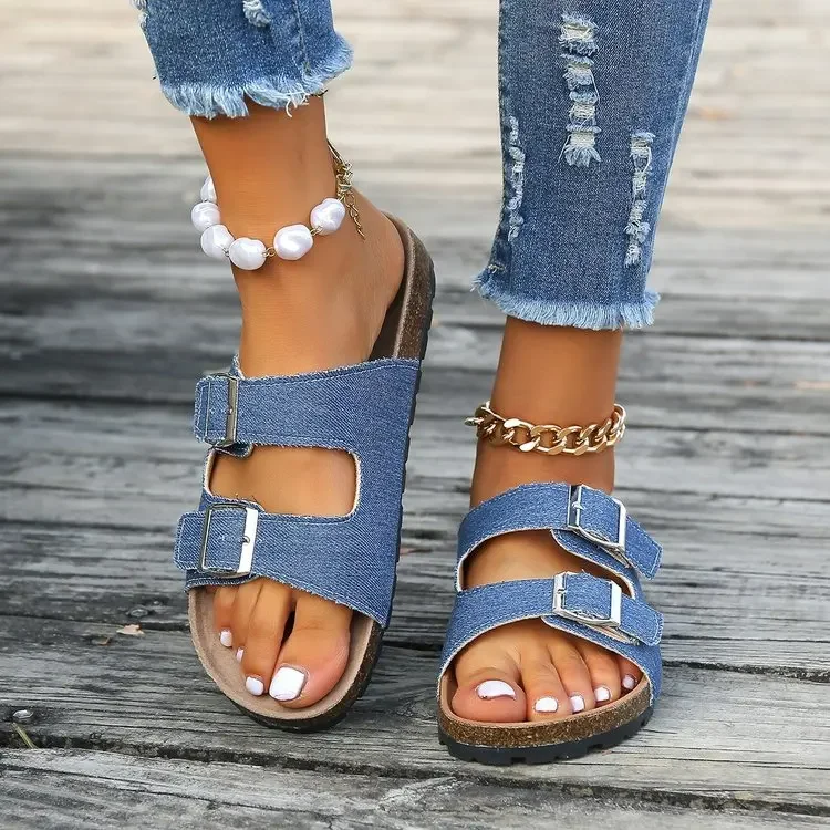 2023 New Summer Women\'s Cork Slippers Casual Beach Shoes Double Buckle Non-slip Denim Canvas Slip on Fashion Slippers Soft Sole