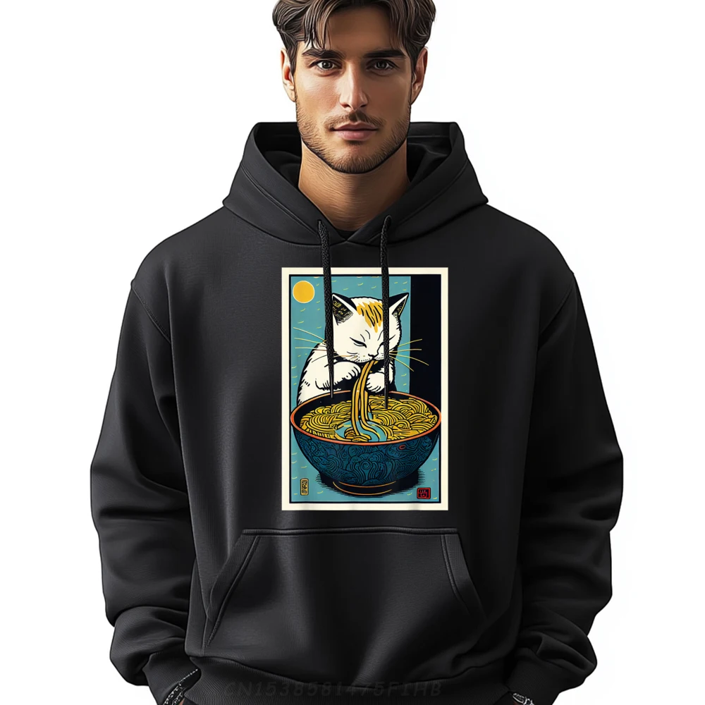 

Cat Eating Ramen Noodles Cute Vintage Japanese Graphic Graphic Sweatshirts Polyester Fiber Printed Hoodie Group