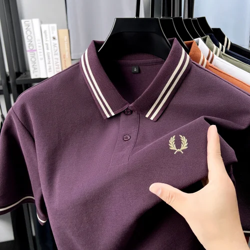 Imagen 2 del producto Camiseta POLO de manga corta con bordado de trigo para hombre, camiseta informal de negocios, 100% de algodón puro, transpirable, a la moda, para verano