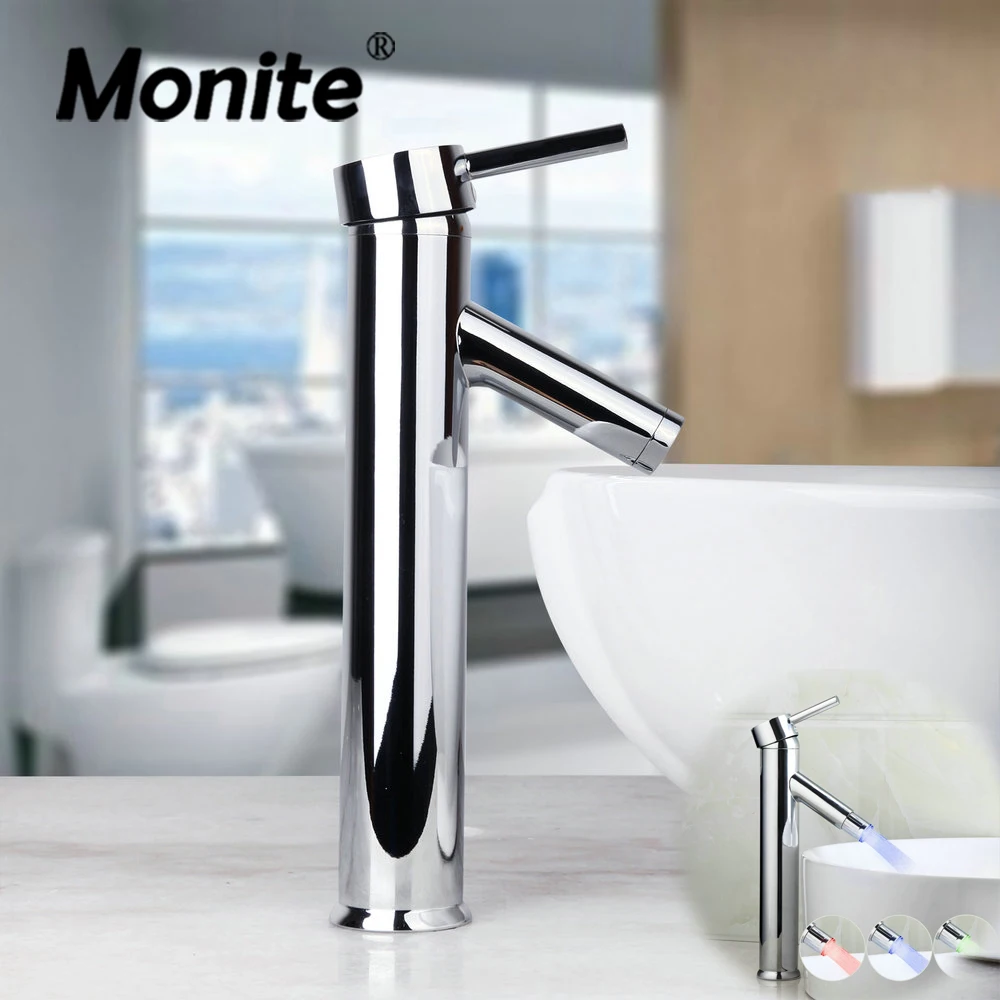 Monite Chrome Polished Bathroom Basin Faucet Chrome Brass LED Light Stream Spout 1 Handle Vessel Sink Vanity Mixer Tap Faucet