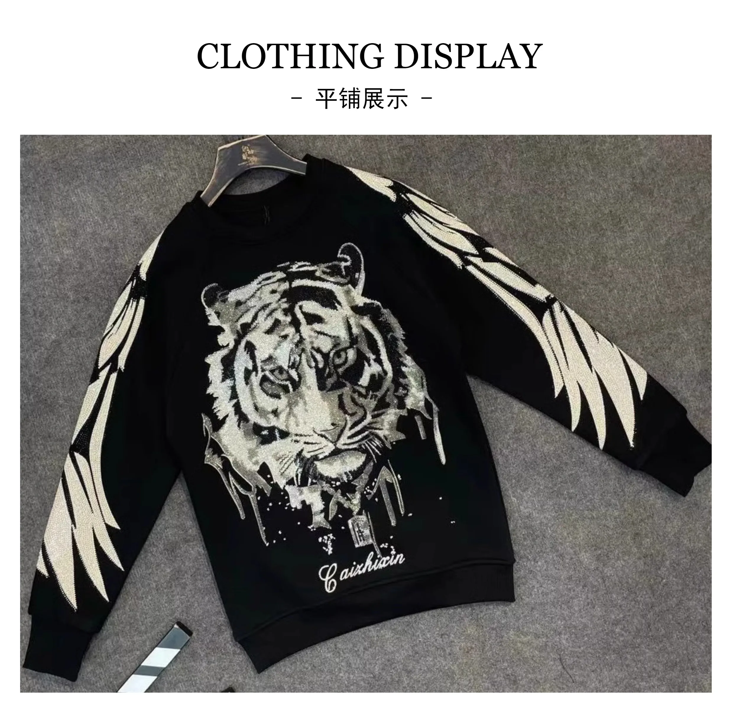 2025 Autumn Winter New Fashion Trend Heavy Rhinestone Round Neck Sweatshirt Black Loose Casual Long Sleeve T-Shirt for Men