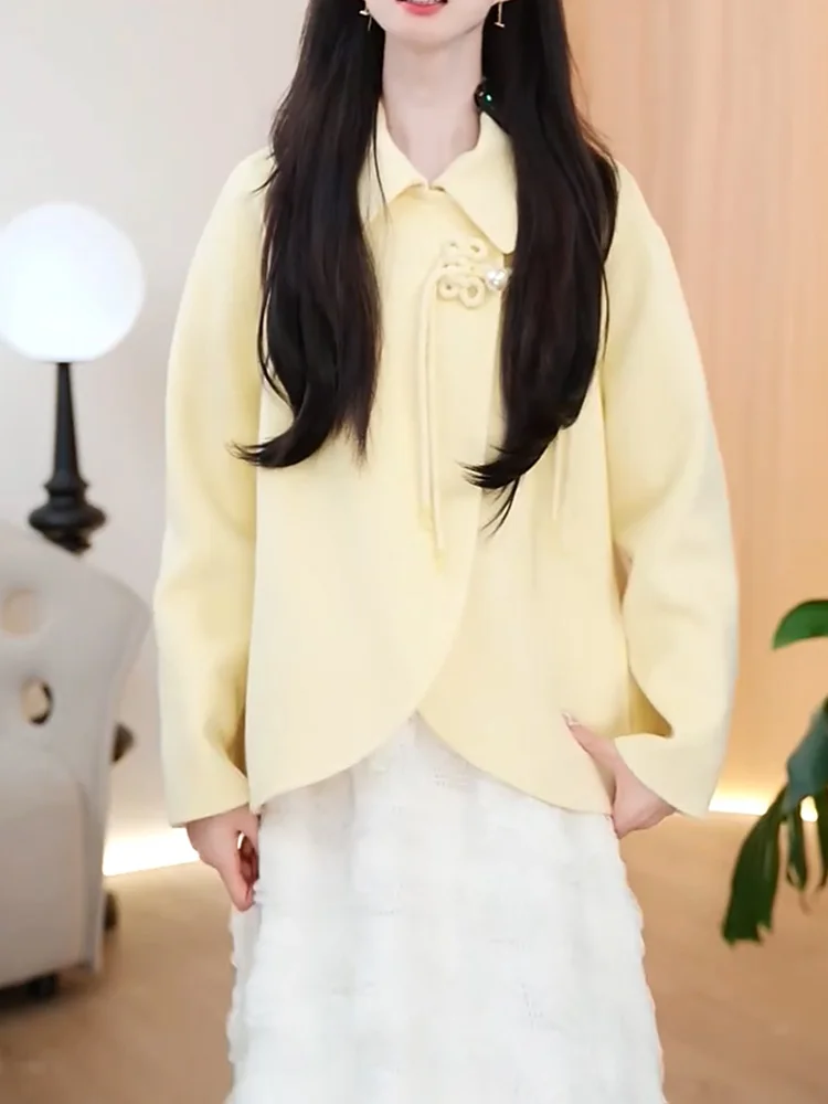 

Yellow Sweet Cute Long Sve Jaet Women's Faion plus Size Versatile Slimming Top for Autumn Winter Commute Casual Wear