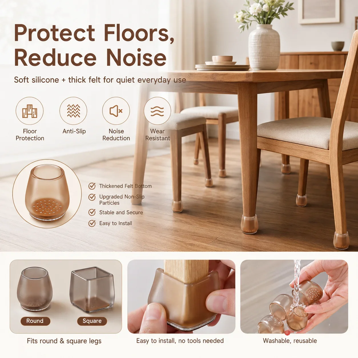 Chair Leg Silicone Caps 4 Pack, Non Slip Furniture Feet Protectors, Noise Reducing Table Leg Covers for Chairs and Tables