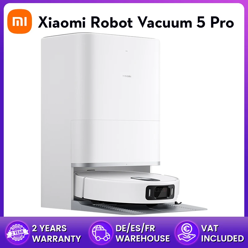 Globale Version Xiaomi Roboterstaubsauger 5 Pro 20000Pa Saugkraft Problemloser Anti-Verwicklungs-Staubsauger Selbstreinigende Basisstation Ausziehbarer Wischmopp und Seitenbürste HD-Video