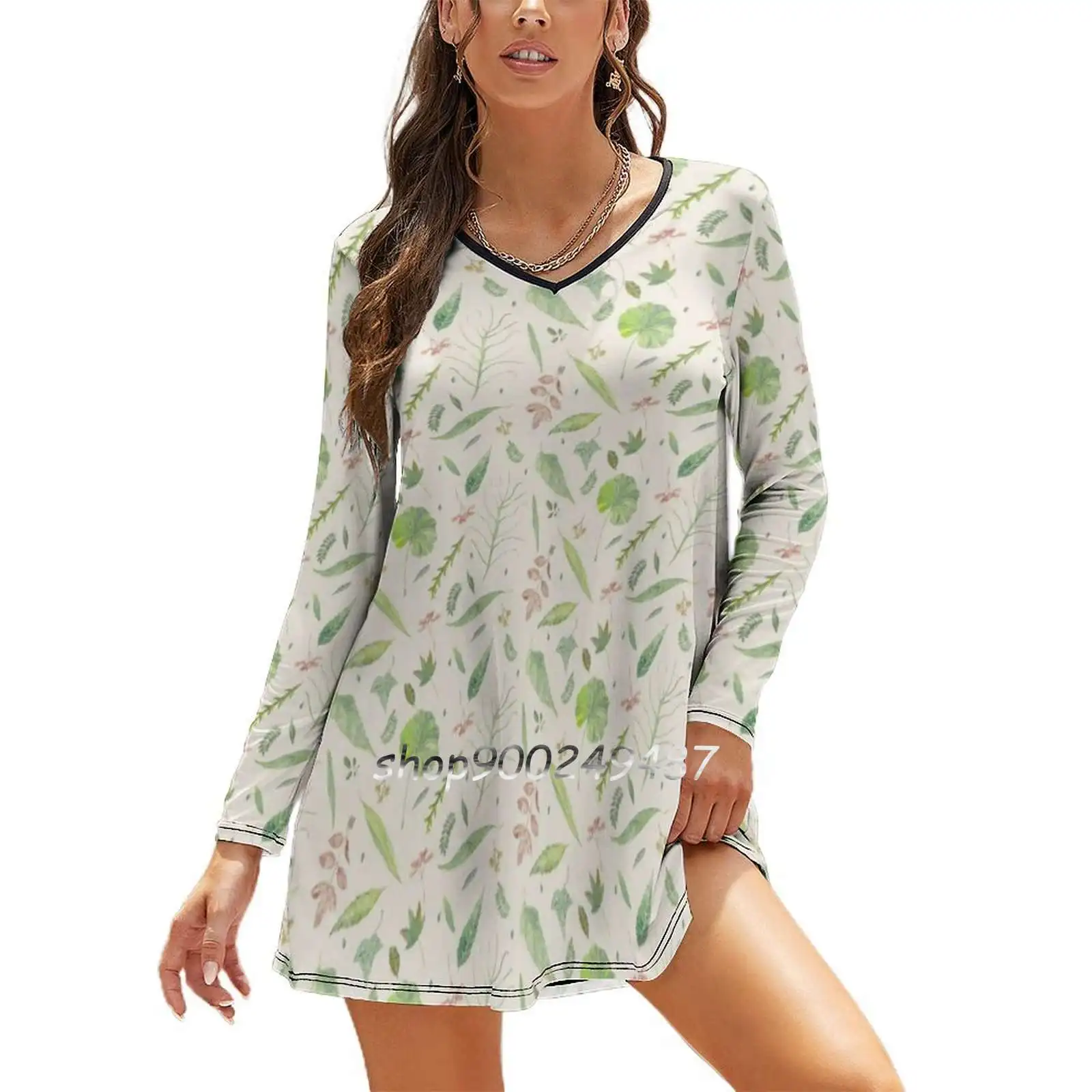 

Leaf Study Watercolor Women Spring Autumn Long Sleeve Dress Female Casual Dress Leaves Leaf Green Plants Nature Tree Seeds