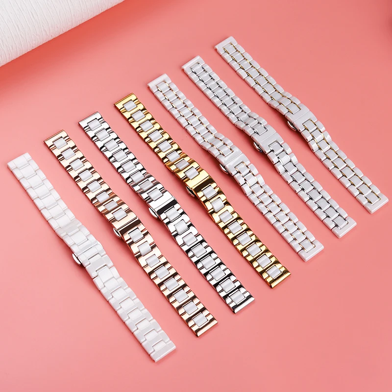 High Quality Pearl Ceramic Watch Strap For Women Men\'s Stainless Steel Ceramic Watch Chain 14 16 18 20 22mm Waterproof Bracelet
